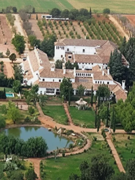 Vista aérea de finca con bodega rodeada de viñedos y jardines.