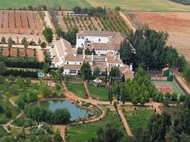 Vista aérea de finca con bodega rodeada de viñedos y jardines.