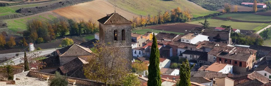 Vista elevada de pueblo con torre y campos de cultivo.