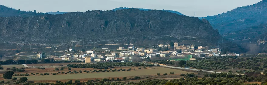 Vista panorámica de un pueblo rodeado de campos y sierras.