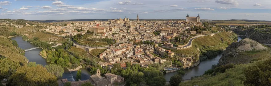 Panorámica urbana rodeada por un río y colinas verdes