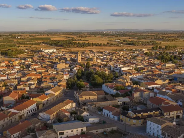 Vista aérea del casco urbano entre campos de cultivo