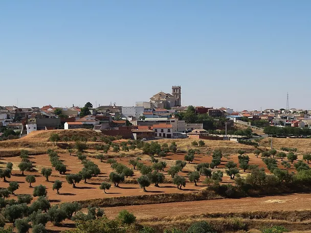 Vista panorámica de un pueblo rodeado de campos de olivos.