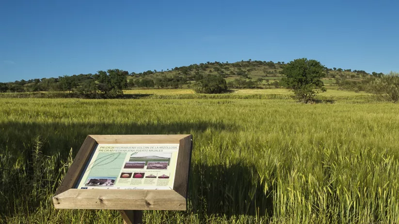 Panel interpretativo junto a pradera verde