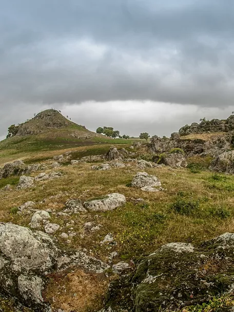 Afloramientos rocosos y colinas suaves con vegetación bajo cielo cubierto
