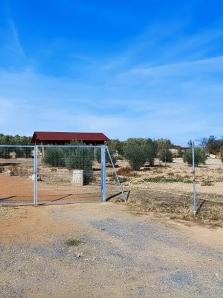 Acceso vallado a un recinto rural con edificaciones y terreno árido.