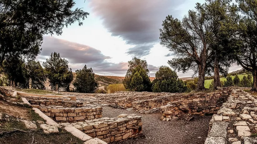 Muros de piedra entre árboles y campos.
