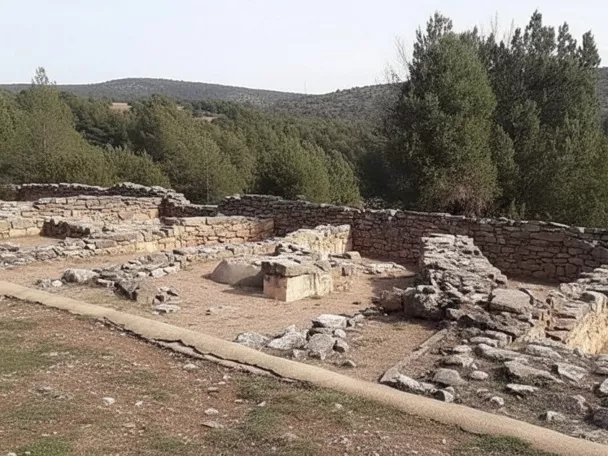Ruinas arqueológicas sobre colina arbolada.