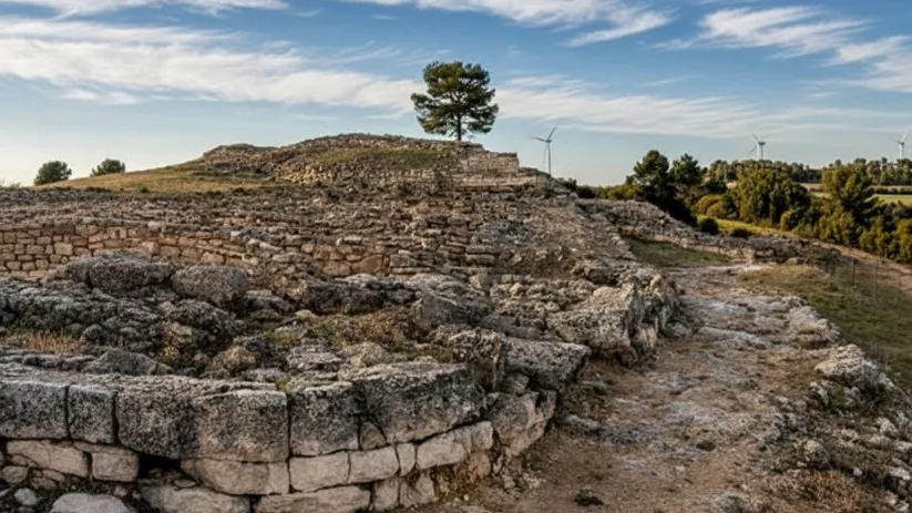 Restos de viviendas de piedra junto a un árbol solitario