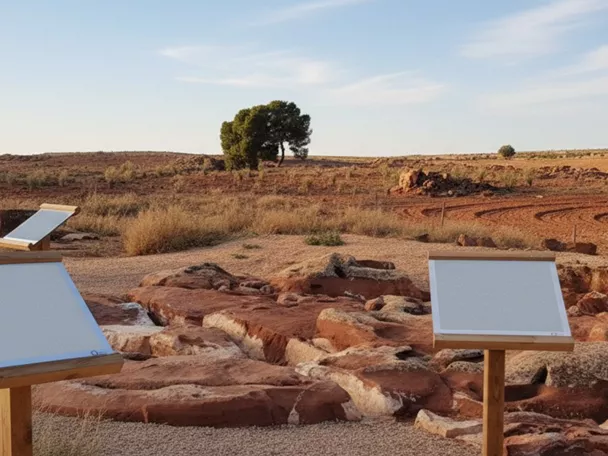 Conjunto de rocas con paneles informativos en un paisaje agrícola y árido.