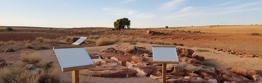 Conjunto de rocas con paneles informativos en un paisaje agrícola y árido.