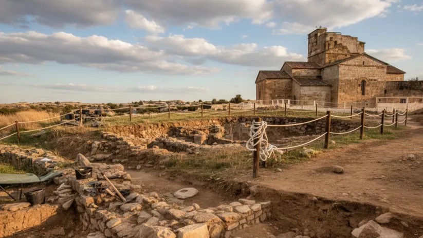 Zona arqueológica con muros bajos y cuerdas de delimitación, con la iglesia al fondo al atardecer.