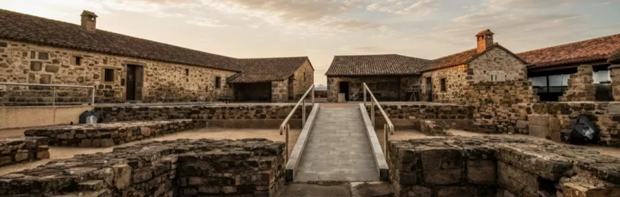 Patio de ruinas con pasarela central y edificios de piedra alrededor bajo luz suave.