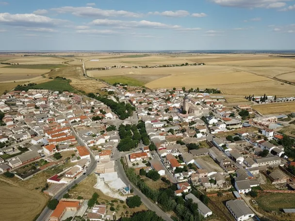 Una vista aérea captura un pequeño pueblo con casas de techos de color rojo-anaranjado y paredes blancas