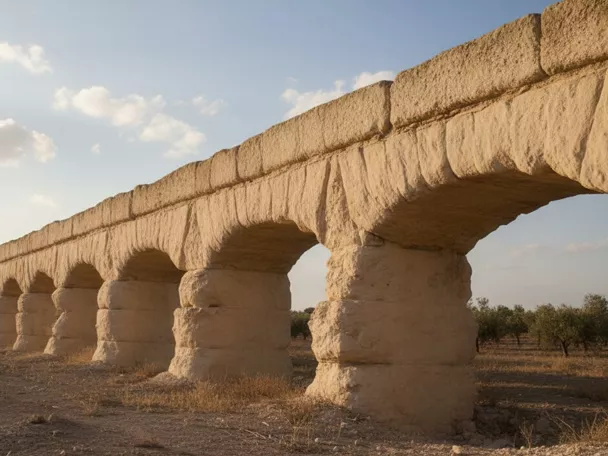 cueducto de piedra con arcos en paisaje seco al atardecer