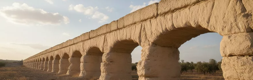 cueducto de piedra con arcos en paisaje seco al atardecer