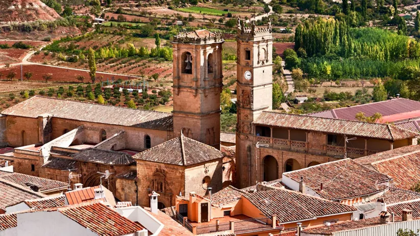 Vista aérea de conjunto histórico con torres, tejados y campos alrededor.