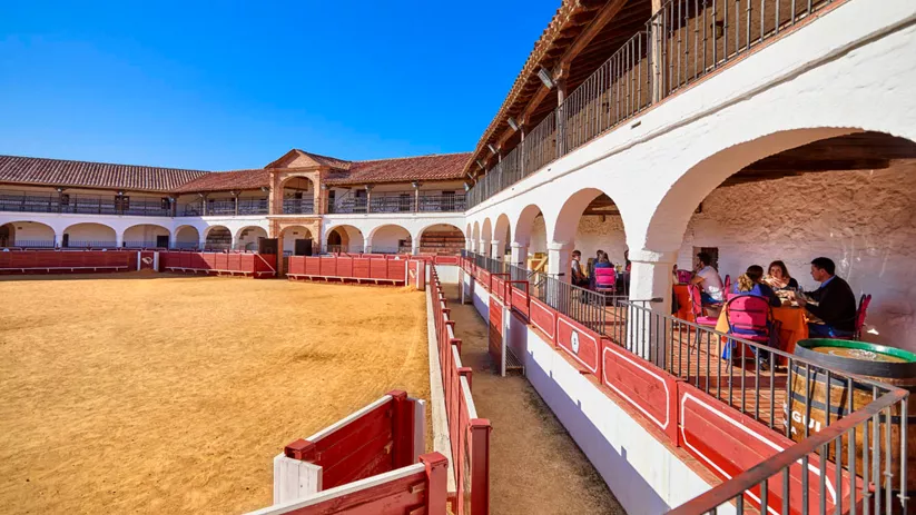 Varias personas disfrutando de un aperitivo en la plaza de toros de Almadén