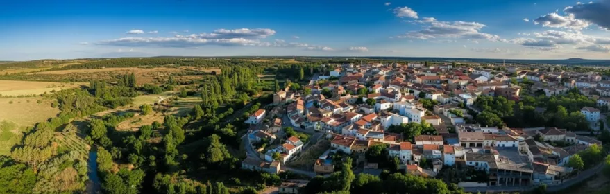 Vista aérea de pueblo rodeado de árboles, campos y río