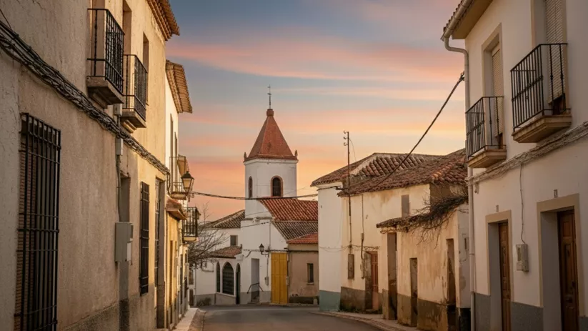 Calle tranquila de pueblo con casas y torre al atardecer