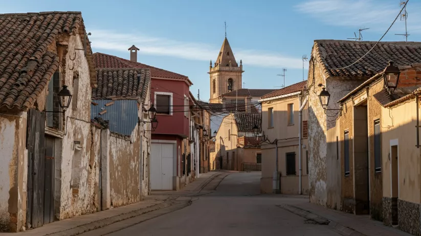 Calle de pueblo con casas antiguas y torre al fondo