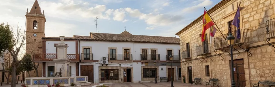 Plaza amplia con fuente, edificios públicos y torre de iglesia