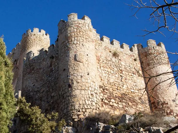 Fortaleza medieval rodeada de árboles bajo cielo azul