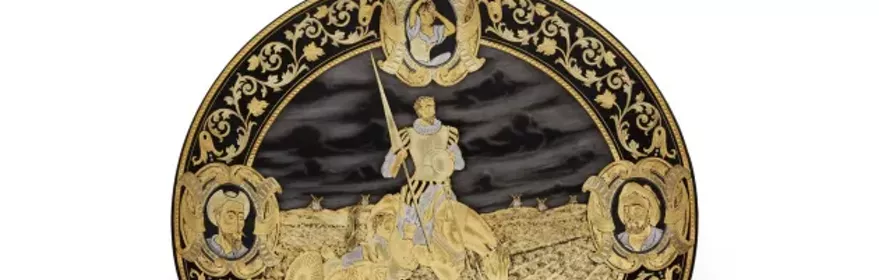 Imagen de un damasquinado con dibujo de Don Quijote