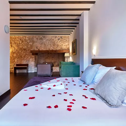 Imagen de una habitación con pétalos en la cama