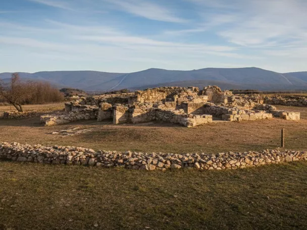 Yacimiento circular de piedra en paisaje abierto
