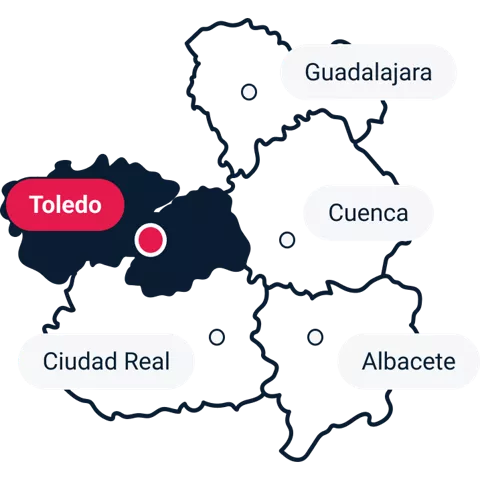 Mapa de Castilla-La Mancha mostrando destacada la provincia de Toledo