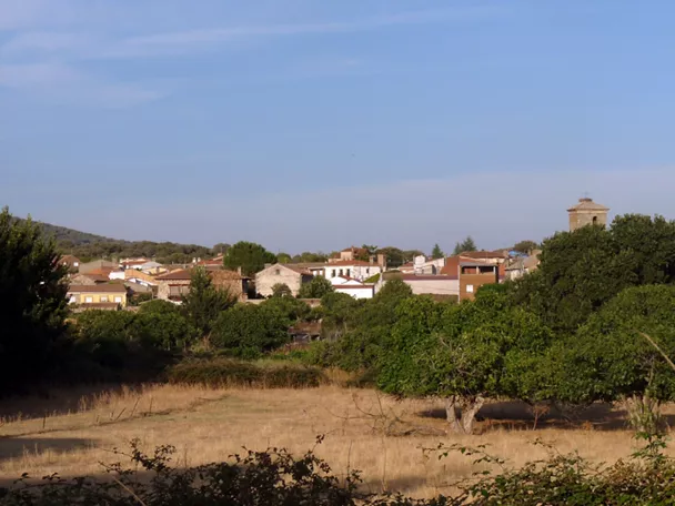 Vista del pueblo entre árboles y campos secos