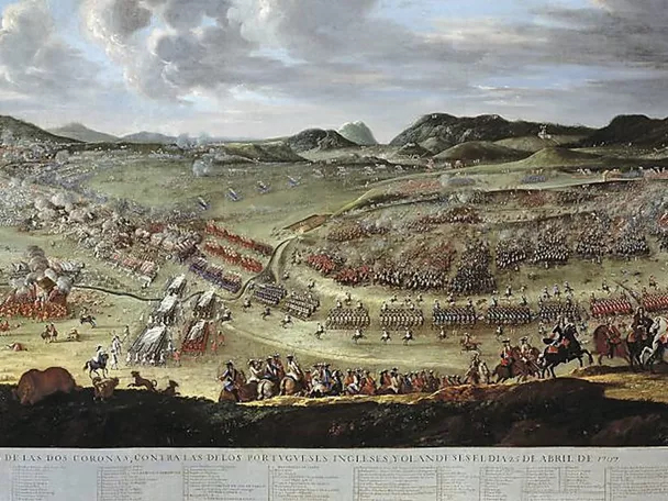 Pintura panorámica de una batalla histórica con tropas formadas en un amplio paisaje.