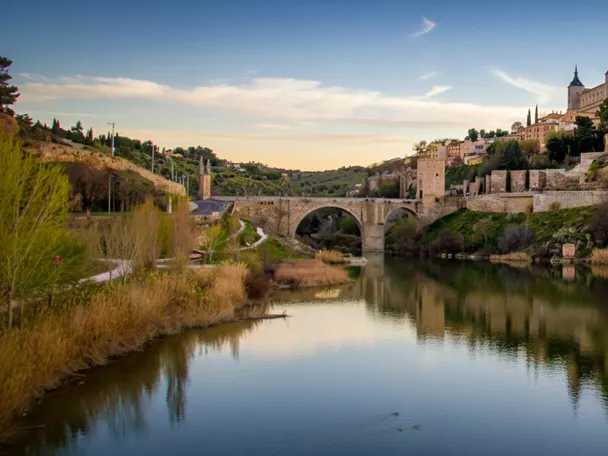 Vista panorámica de ciudad histórica con río, puente de piedra y edificios en la colina