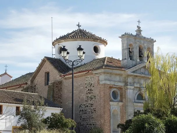 Vista panorámica de Almuradiel con la iglesia de cúpula blanca y campanario destacando entre las casas del municipio.