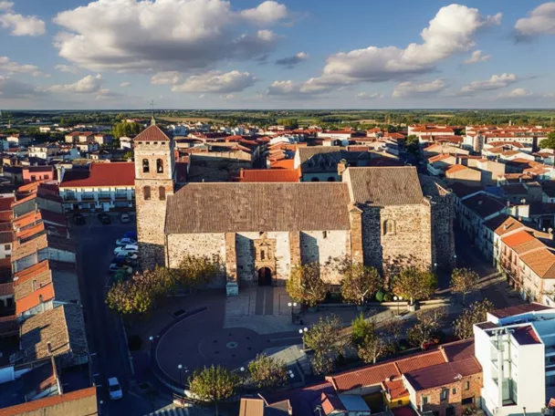 Vista aérea de Argamasilla de Calatrava con la iglesia parroquial destacando entre las casas y tejados del municipio.
