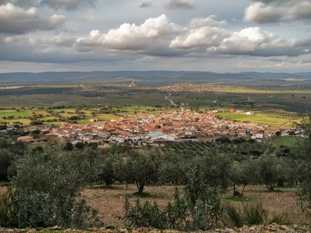 Vista panorámica de Arroba de los Montes rodeado de campos y sierras, con olivares en primer plano.