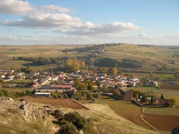 Vista panorámica de Caracuel de Calatrava rodeado de campos de cultivo y suaves colinas.