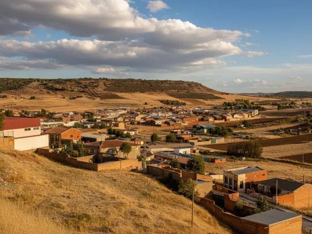 Vista panorámica de Carrizosa con el casco urbano rodeado de campos y suaves colinas en la provincia de Ciudad Real.