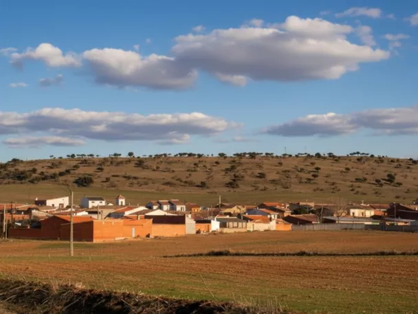 Panorámica de Los Pozuelos de Calatrava (Ciudad Real), casco urbano rodeado de campos manchegos.