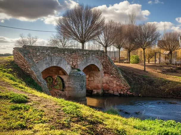 Puente antiguo de piedra sobre el río Azuer en Membrilla (Ciudad Real), entorno natural junto al cauce.