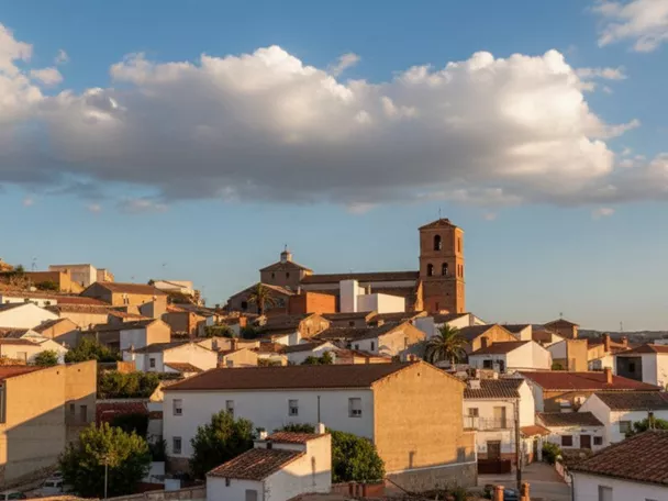 Casas tradicionales y torre de la iglesia en el casco urbano de Mestanza (Ciudad Real) al atardecer.