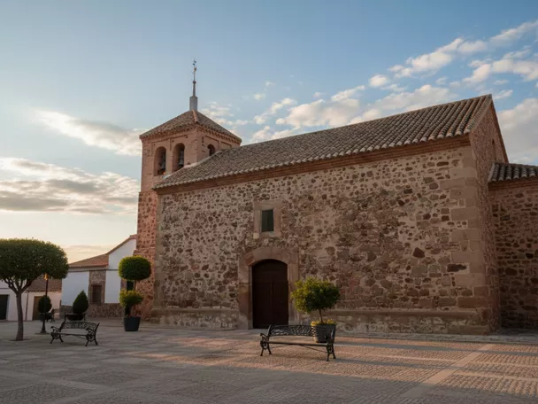 Iglesia parroquial de San Juan Bautista en Picón (Ciudad Real), templo de piedra con plaza adoquinada.