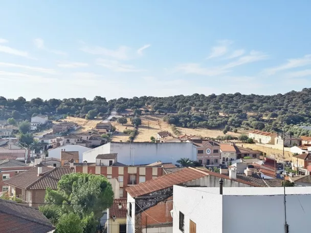 Vista del pueblo con casas y dehesa al fondo