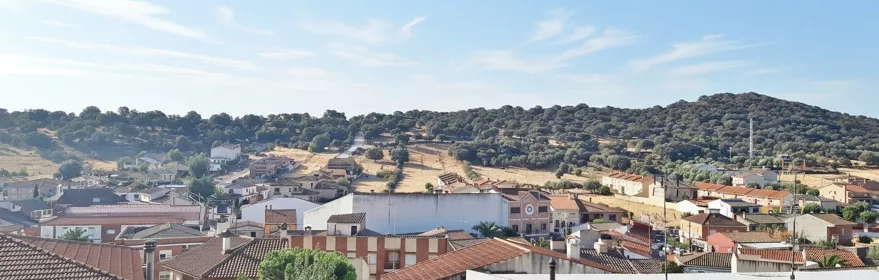 Vista del pueblo con casas y dehesa al fondo