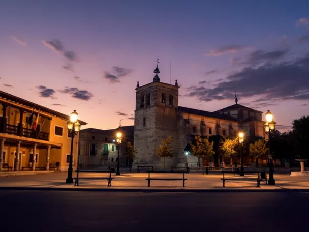 Plaza iluminada al atardecer con iglesia y farolas encendidas.