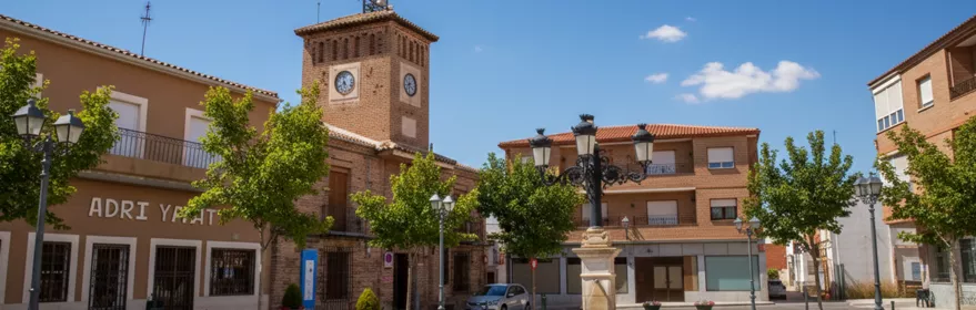 Plaza con fuente central y torre del ayuntamiento