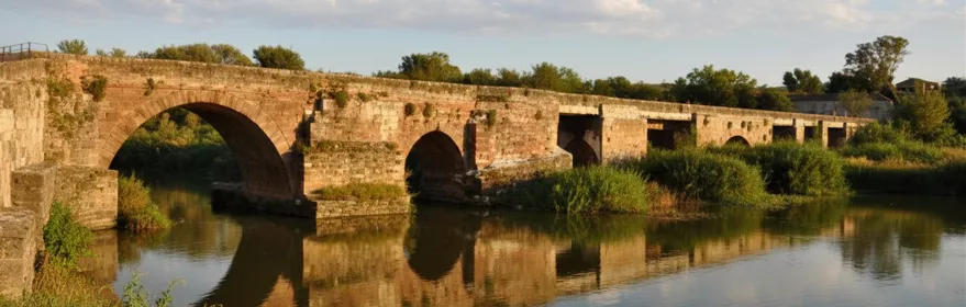 Puente bajo de piedra con varios arcos y vegetación ribereña alrededor.