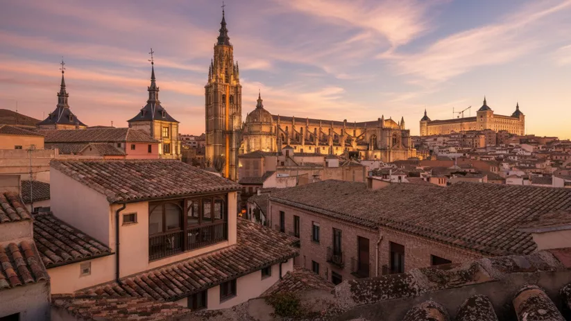 Una vista de los tejados de una ciudad antigua al atardecer, con una gran catedral gótica y un castillo iluminados en el fondo contra un cielo rosado y naranja.