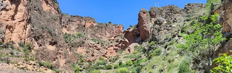 Desfiladero rocoso con vegetación en laderas escarpadas.